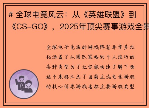 # 全球电竞风云：从《英雄联盟》到《CS-GO》，2025年顶尖赛事游戏全景透视